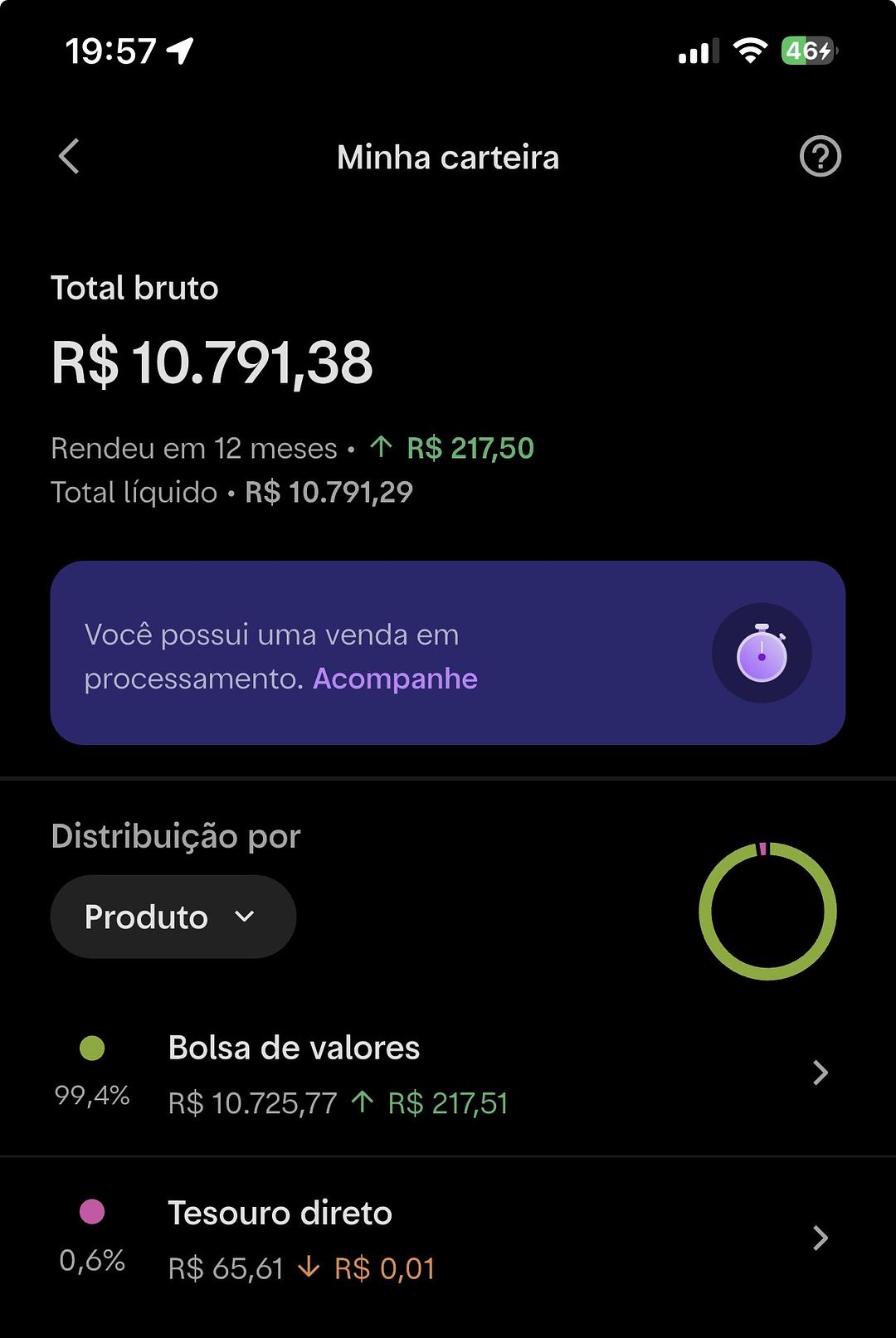 Tela da carteira de Lucas Pontes com total bruto de R$ 10.791,38 e distribuição entre bolsa de valores e tesouro direto