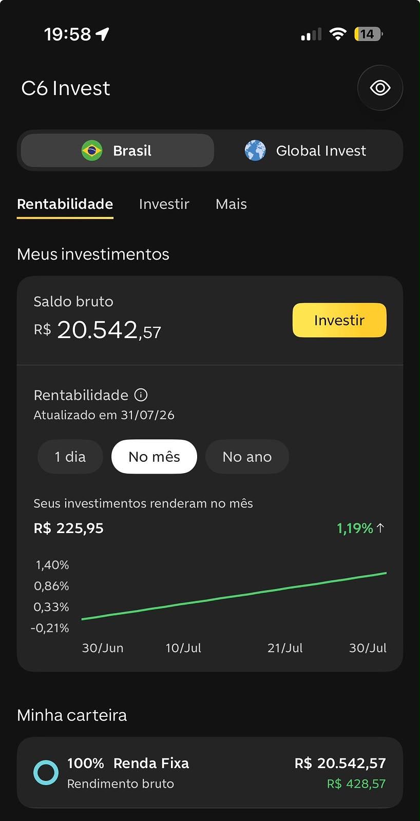 Segunda tela da carteira de Lucas Pontes mostrando saldo bruto de R$ 20.542,57 em renda fixa e a rentabilidade do mês