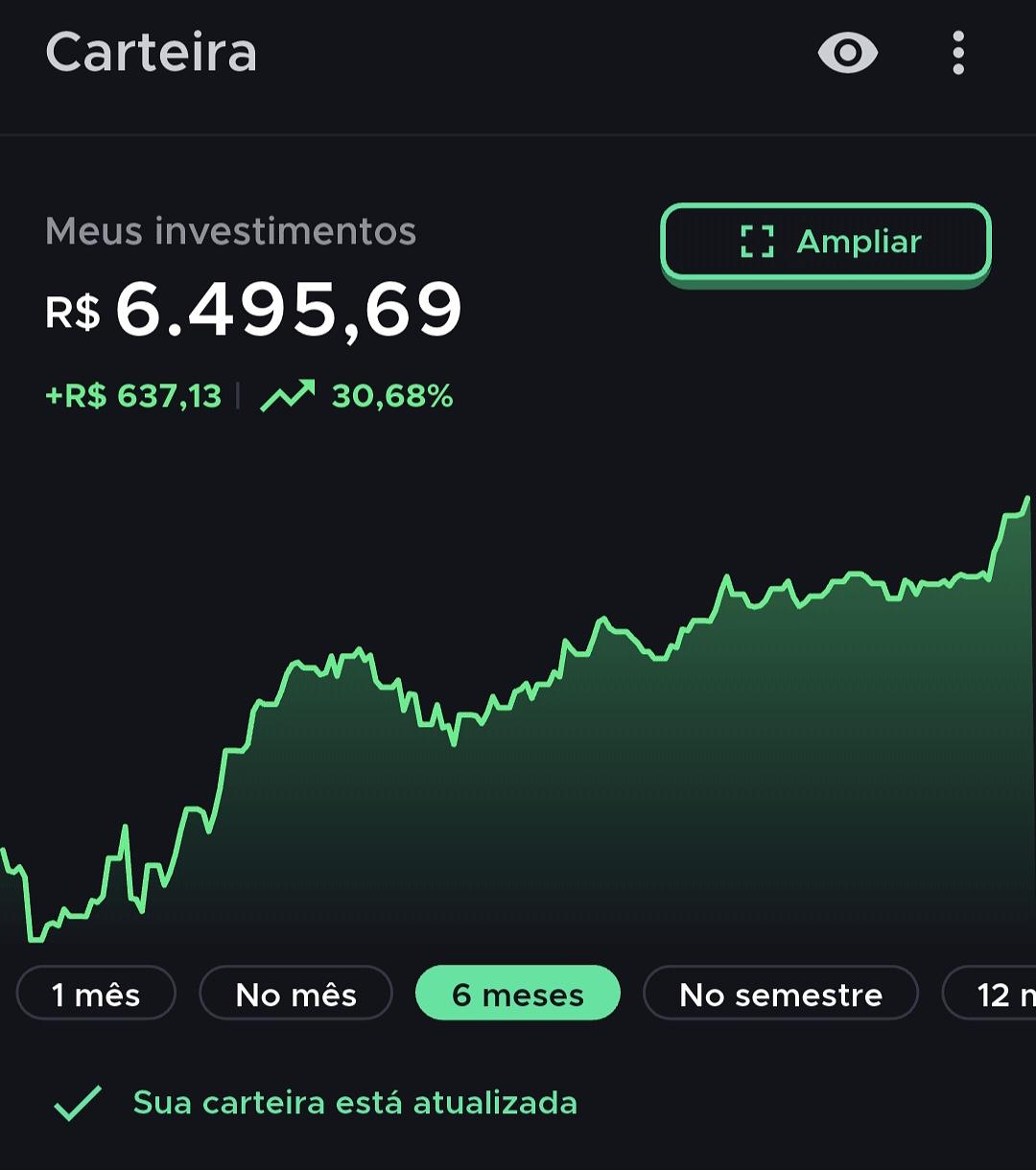 Tela da carteira de Giulia com R$ 6.495,69 investidos e valorização de 30,68% no período de seis meses